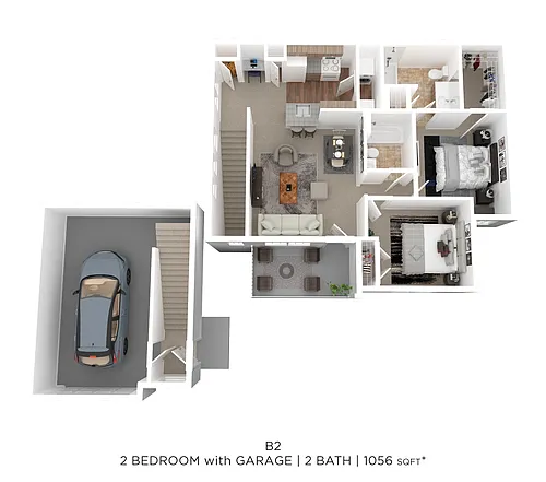 Floor plan Two Bed Two Bath w/Garage 1056 SqFt