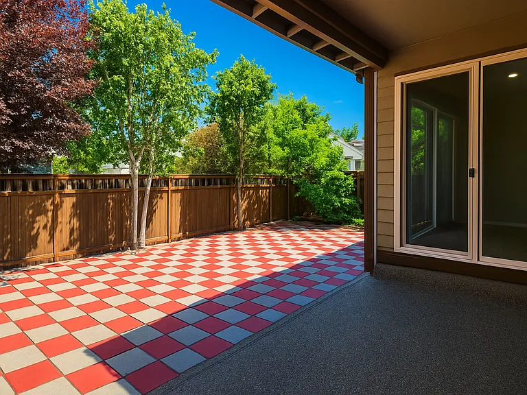 Covered patio with fully paved backyard