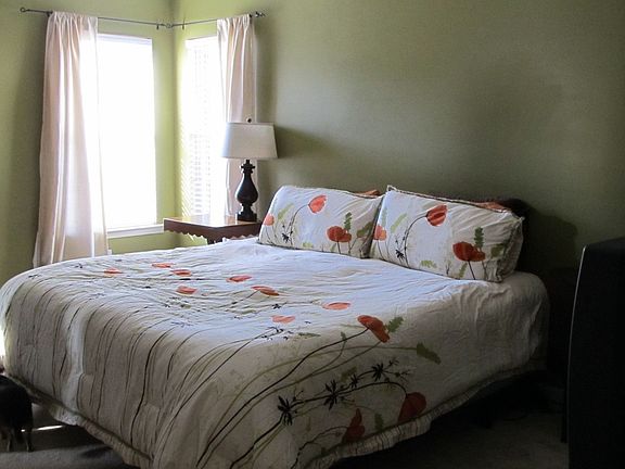 Large master shows king size bed, new neutral paint, raised ceiling.