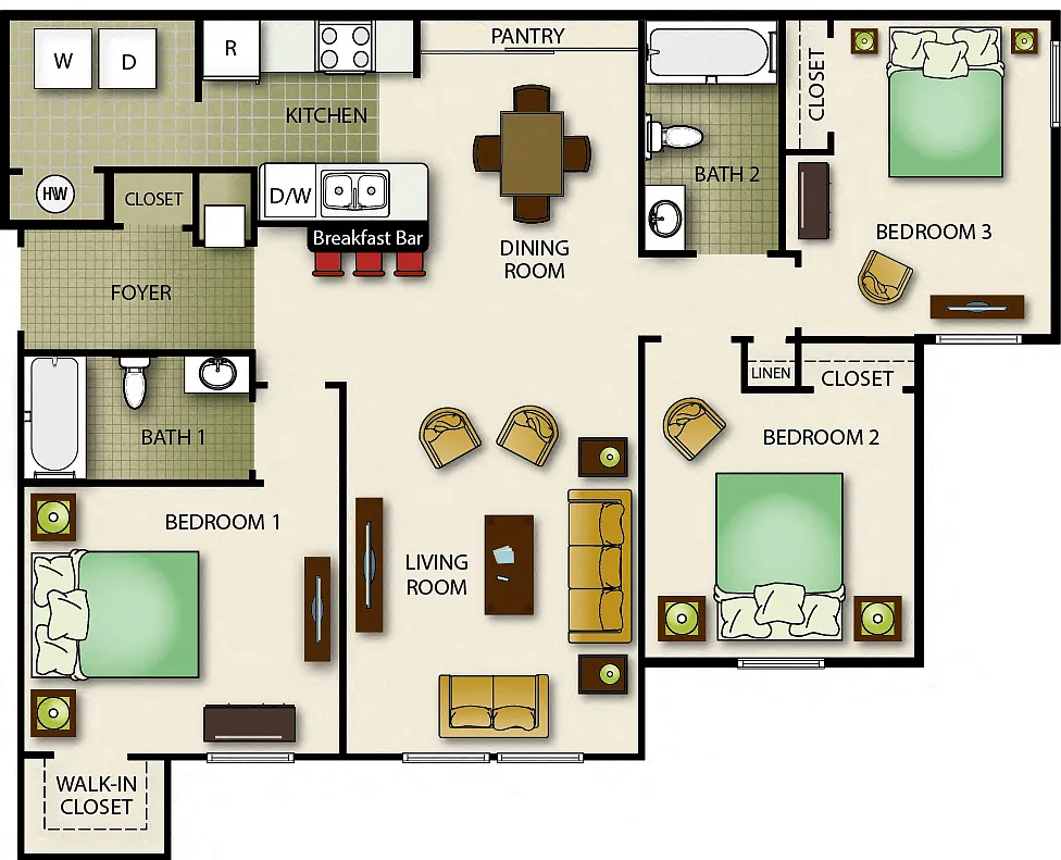 Floor plan Three Bedroom Two Bath - Pointe (b)