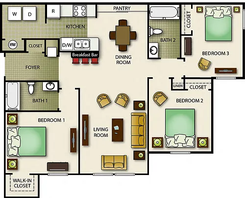 Floor plan Three Bedroom Two Bath - Pointe (b)
