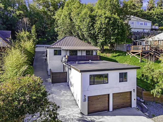 Aerial of 633 A-C Magnolia, a newly renovated, three-unit property close to downtown Larkspur.