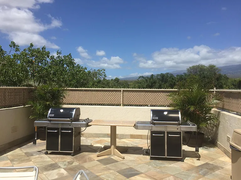 Outdoor BBQs with gas grills and Haleakala Crater view.