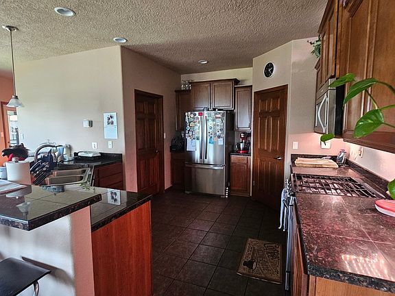 Kitchen with gas range oven, dishwasher, double door fridge, and pantry