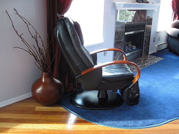 fireplace view from the massage chair, Brazilian Teak hardwood floor