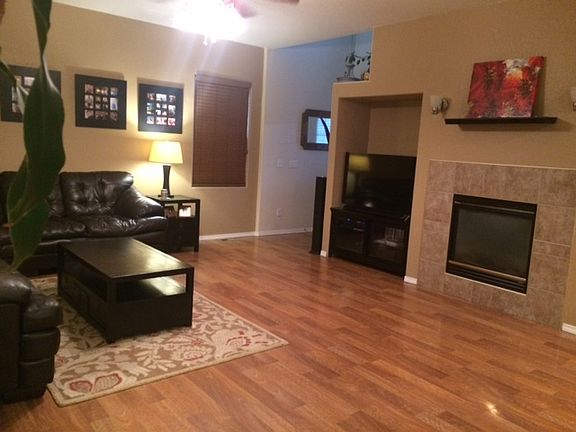 Living Room : Open area with wood laminate floors, fireplace, and new blinds