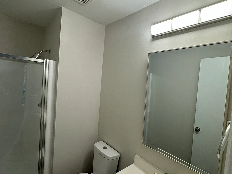 Master bath with new vanity mirror, lights, toilet and hardware