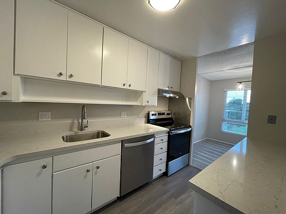 Contemporary kitchen with all new stainless steel appliances, quartz counters, and plank flooring.