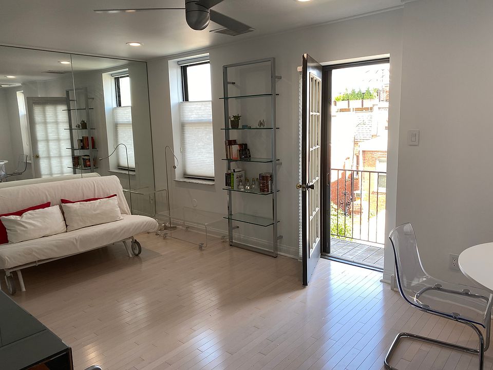Sun-drenched main room, with futon set up as couch