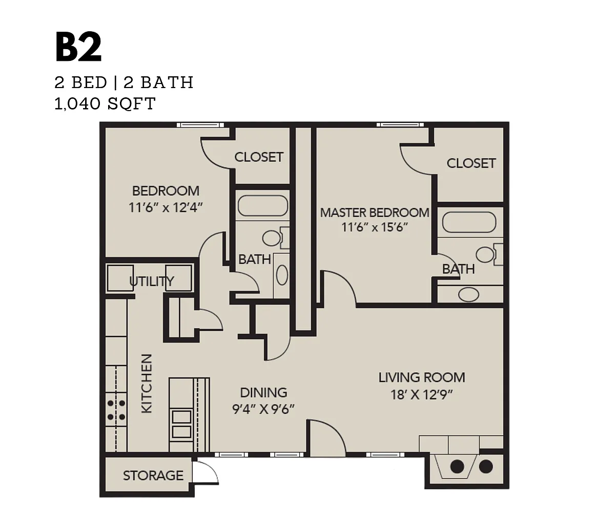 Floor plan 2 Bedroom 2 Bath (Affordable)
