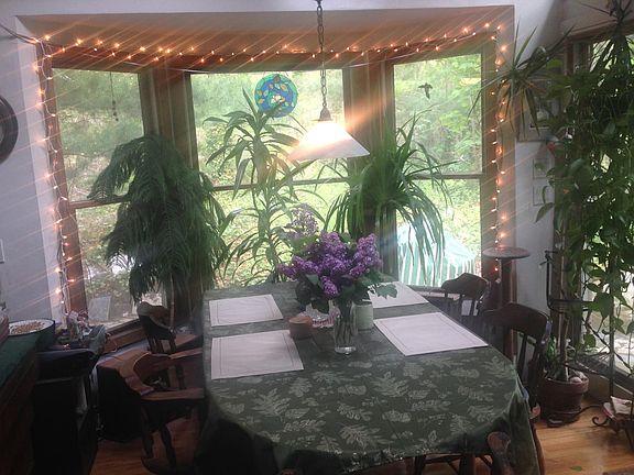 Dining areawith bay window, facing patio and woods. Morning light.