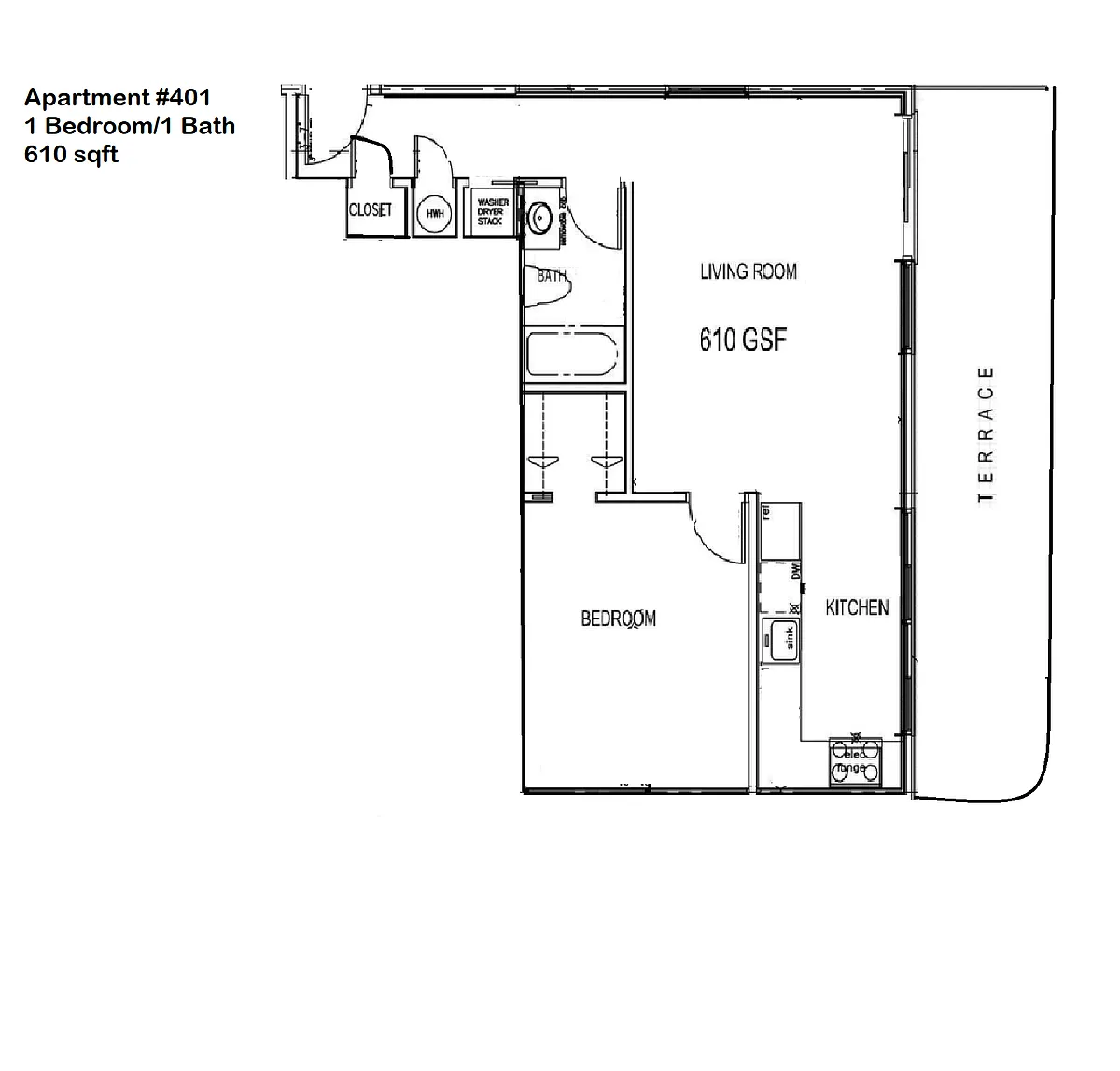 Floor plan 1 Bedroom, 1 Bath w/ Terrace