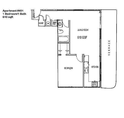 Floor plan 1 Bedroom, 1 Bath w/ Terrace