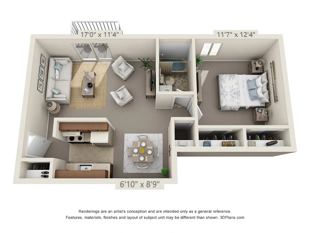 Floor plan 1 Bedroom, 1 Bath 560 Colonial (Balcony)