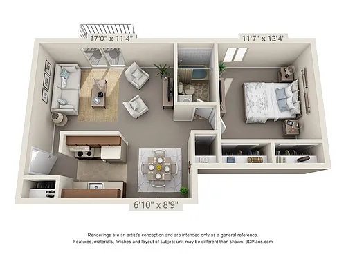 Floor plan 1 Bedroom, 1 Bath 560 Colonial (Balcony)