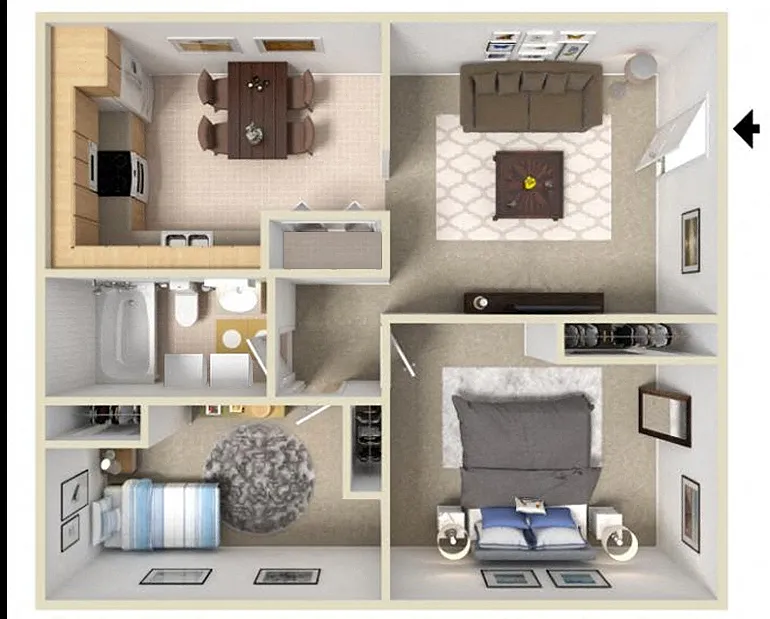 Floor plan 2 Beds, 1 Bath