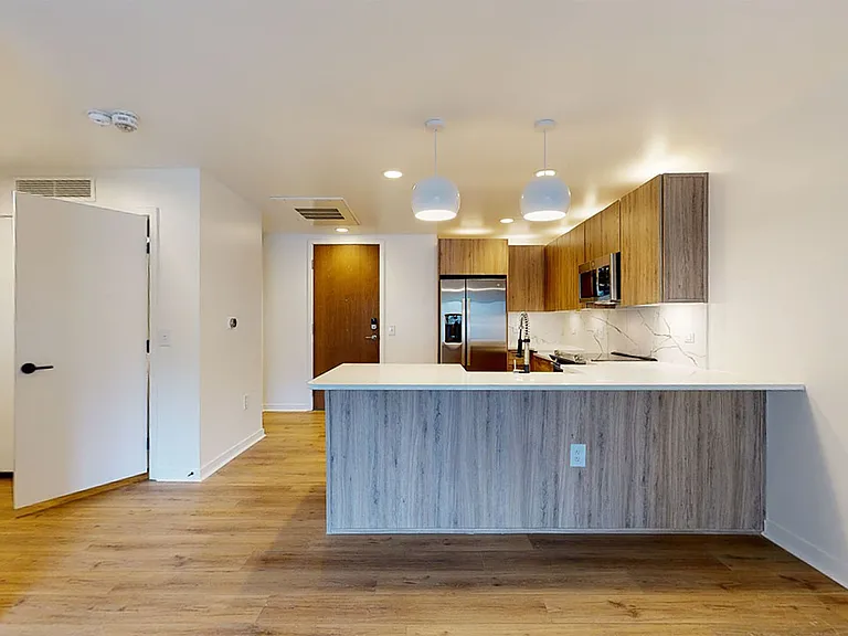 Apartment kitchen with stainless steel appliances, quartz countertops and wood-style flooring.