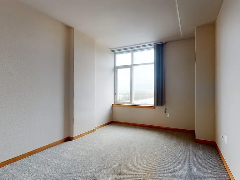 Spacious apartment bedroom with plush carpet flooring