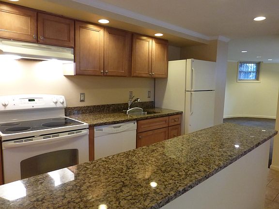 The open modern kitchen includes custom granite countertops, stylish cabinets, and modern appliances.