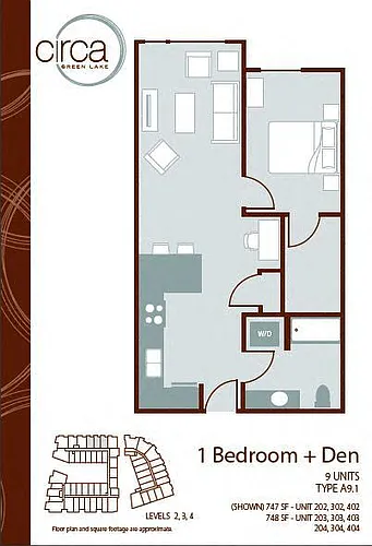 Floor plan 1 Bed 1 Bath + Den - A9.1