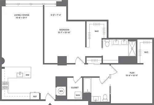 Floor plan 1 Bed+1Flex/2 Bath_A9D