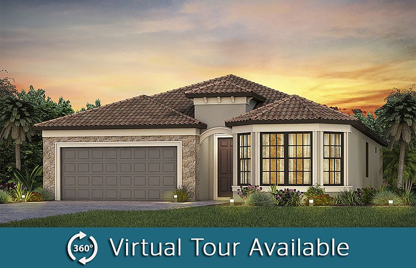 The Palmary, a one-story single family home with 2 car garage, shown as Home Exterior FM3