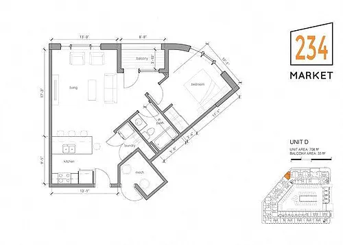 Floor plan 1Bed 1 Bath Style D