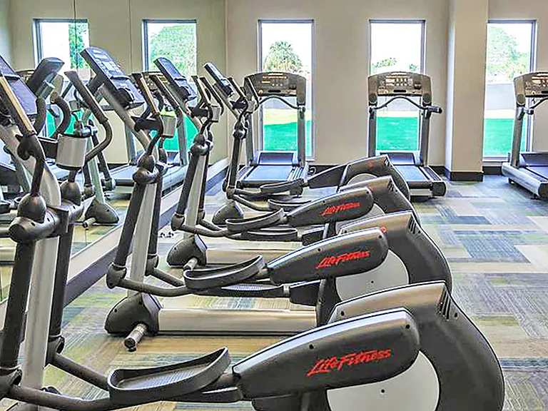 Luxury apartment fitness center with treadmills, ellipticals, and large windows for natural light