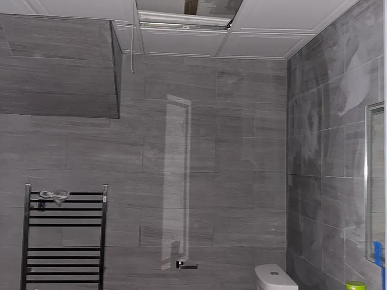 Big new bathroom, ceramic tiles, towel warmer, modern rain shower, LED mirror