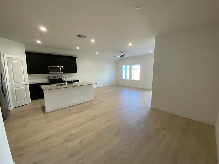 Open kitchen and living room (view from dining room area)