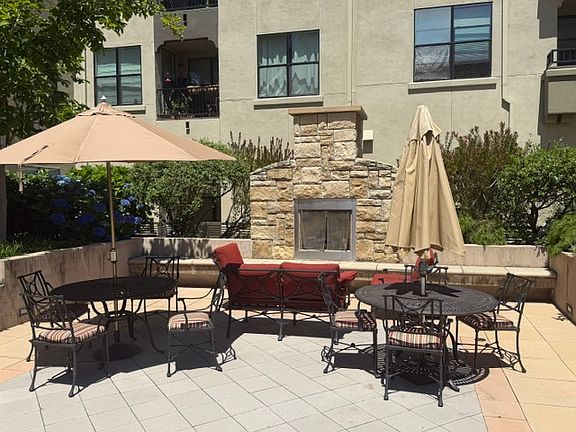 Communal fireplace and seating area