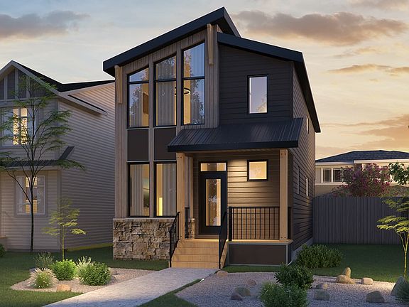 Exterior view of the Carlisle 2 Rustic Contemporary plan by Brookfield Residential in Calgary.
