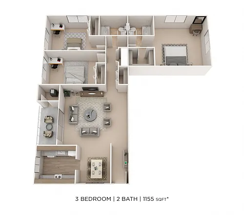 Floor plan Three Bedroom 2 Bath - 1,155 sqft
