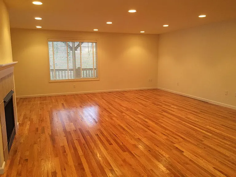 Light filled living space including gas fireplace