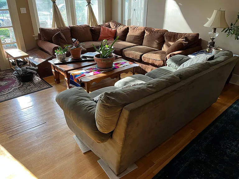 Main Parlor | Huge primary living room with comfy couches, wingback chairs, a gaggle of houseplants, and chill lounge vibes.