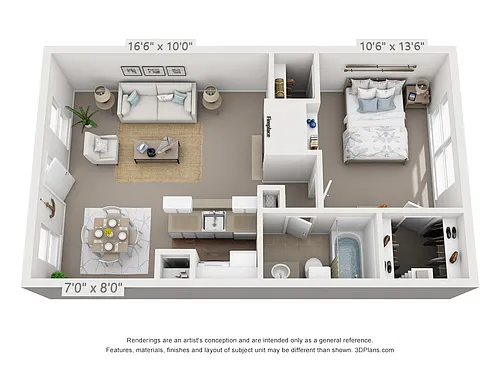 Floor plan 1 Bedroom, 1 Bath C