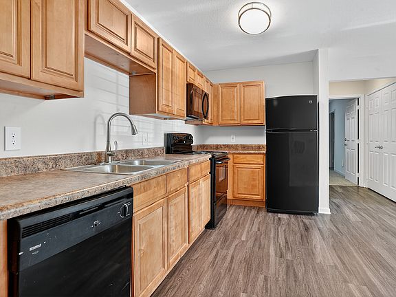 Charming kitchen with modern black appliances, elegant wood cabinetry, and a sleek countertop under a bright ceiling light.