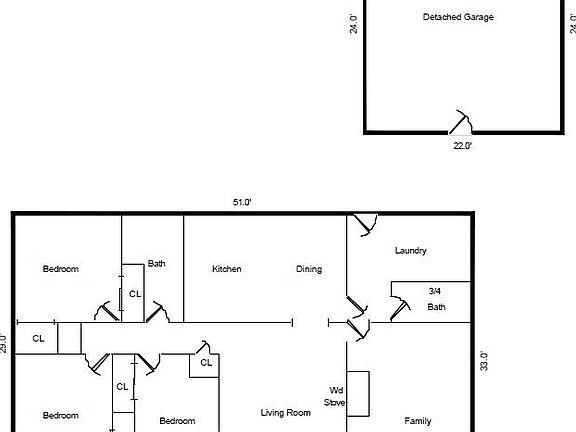 Floor plan for house and detached, fully-insulated garage