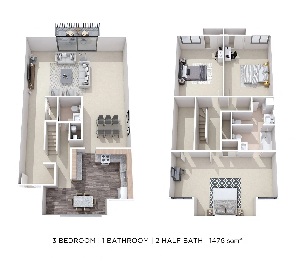 Floor plan Three Bedroom Townhome-Courtyard