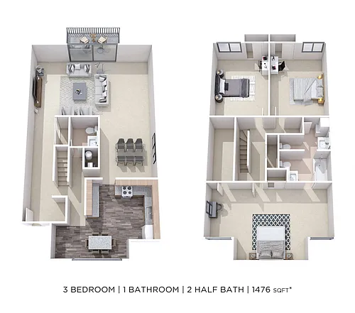 Floor plan Three Bedroom Townhome-Courtyard