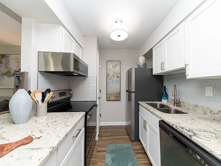 Kitchen with granite counters, stainless appliances, and modern cabinetry