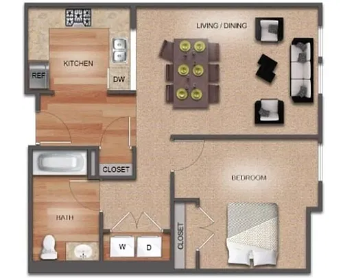 Floor plan 1 Bedroom, Market, Maple/Mullberry Floorplan