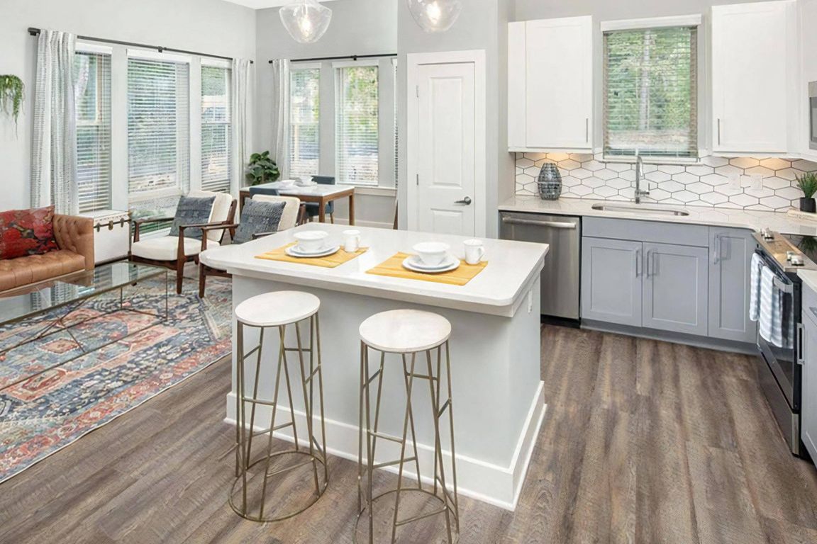 Island Kitchen with Breakfast Bar, Ample Cabinet Space, and Self-Closing Drawers