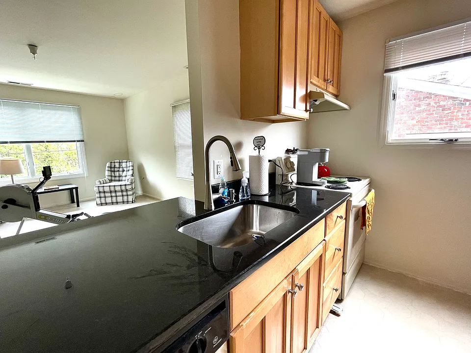 Black granite countertops (2023), new faucet and undermount sink.