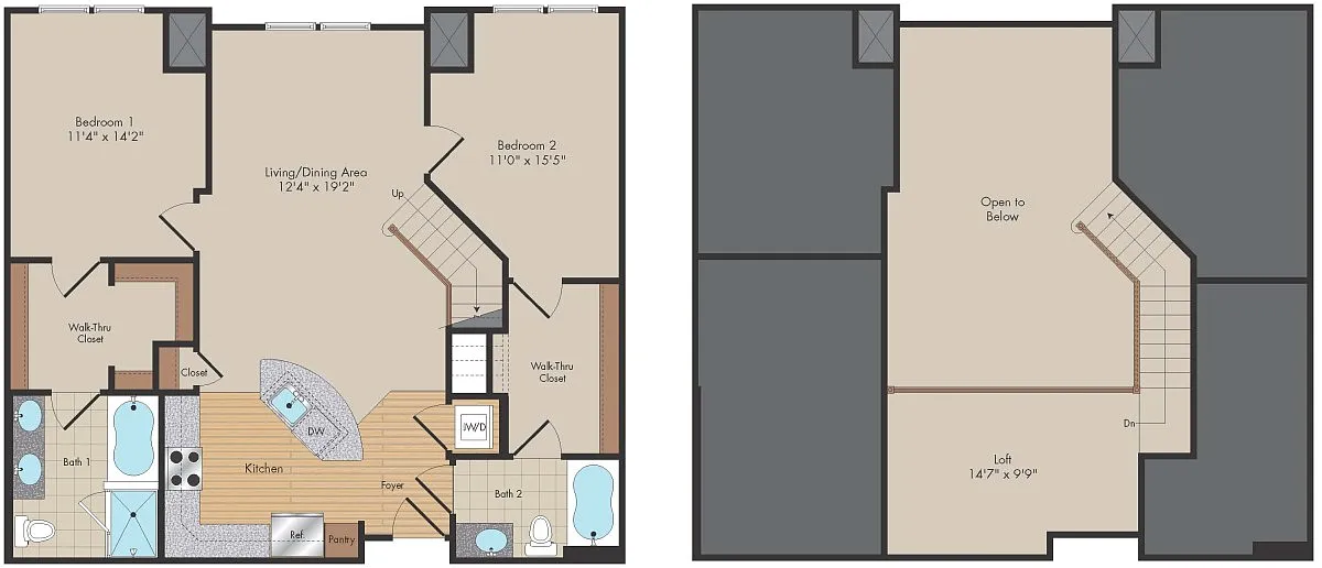 Floor plan 2 Bed/2 Bath Loft-B2L-Levere