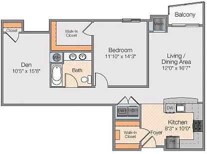 Floor plan Neptune D - 1 Bedroom 1 Bath w/study MKT