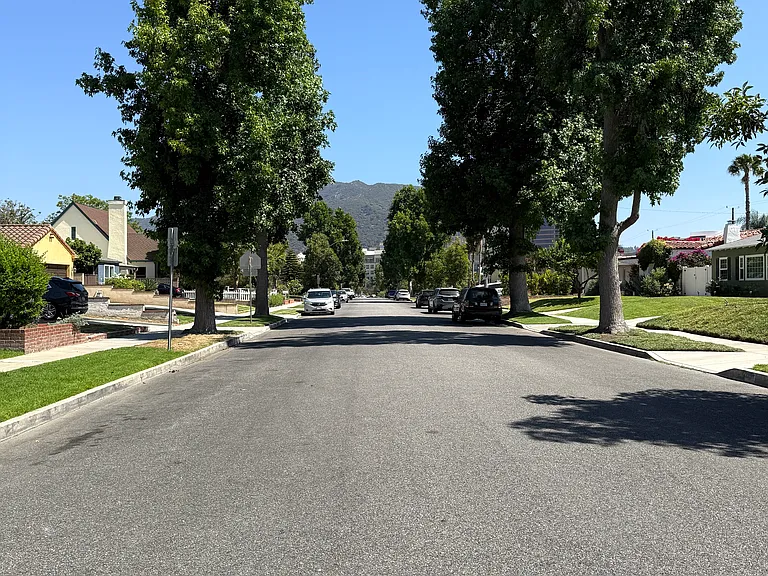 Street view looking to the right from the front of the home showcasing the scenic Burbank Hills in the distance.