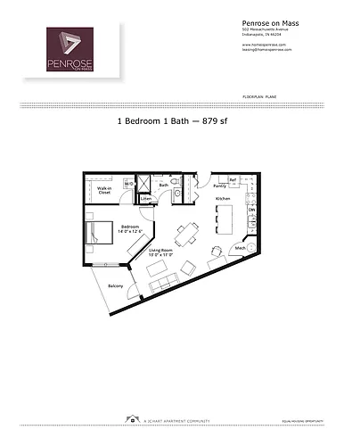 Floor plan 1BR/1B H Courtyard Balcony (shower/island/balc)