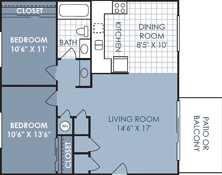 2 Bedroom 1 Bathroom C-D Floorplan Diagram