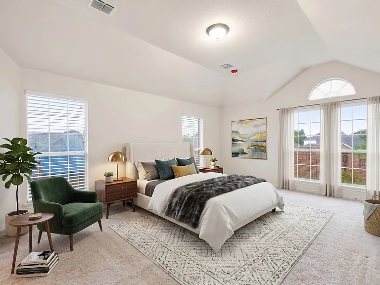 Primary bedroom upstairs, virtually staged.